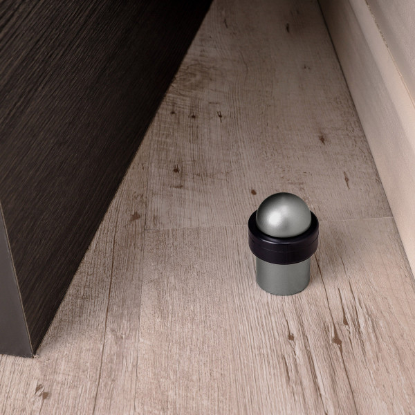 Butée de porte sol DOME, Aluminium anodisé gris argent anneau Caoutchouc noir