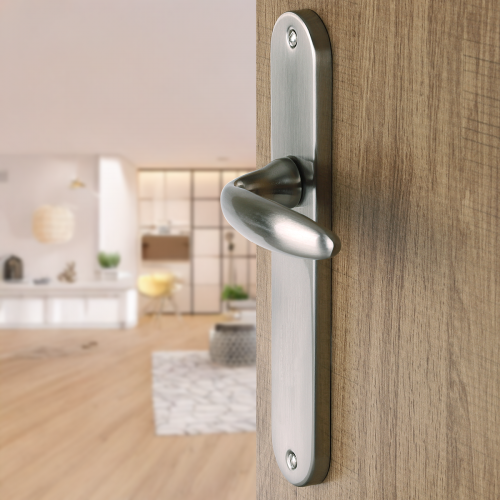 Poignée de porte chambon sans trou de clé.