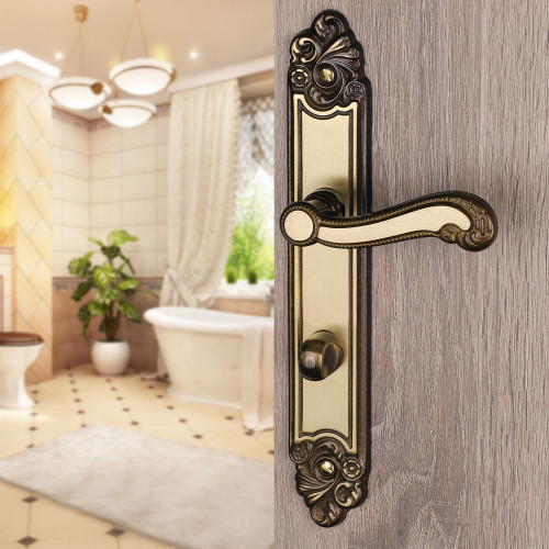 2 poignées de porte LOUIS XV, Zamak doré patiné entraxe 195 mm - Bouton de condamnation pour salle de bain ou WC