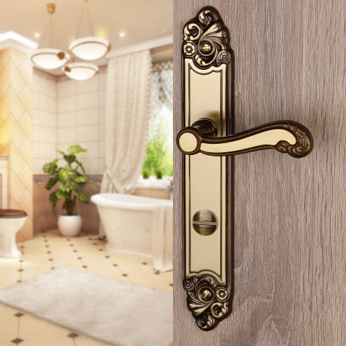 2 poignées de porte LOUIS XV, Zamak doré patiné entraxe 195 mm - Bouton de condamnation pour salle de bain ou WC