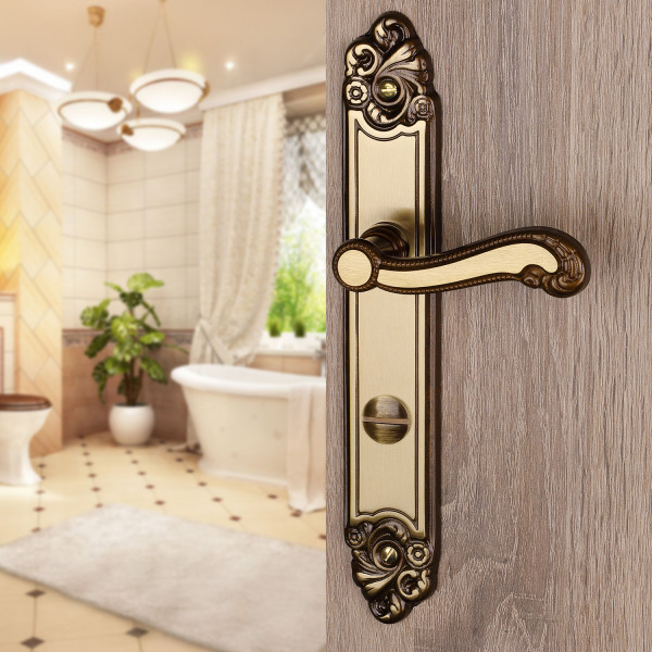 2 poignées de porte LOUIS XV, Zamak doré patiné entraxe 195 mm - Bouton de condamnation pour salle de bain ou WC