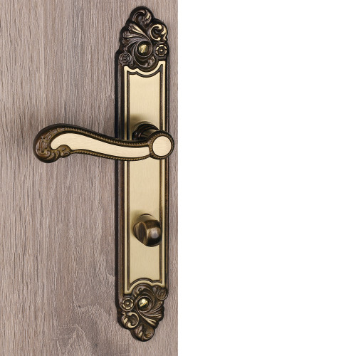 2 poignées de porte LOUIS XV, Zamak doré patiné entraxe 195 mm - Bouton de condamnation pour salle de bain ou WC