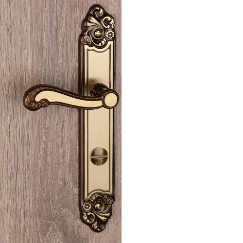 2 poignées de porte LOUIS XV, Zamak doré patiné entraxe 195 mm - Bouton de condamnation pour salle de bain ou WC