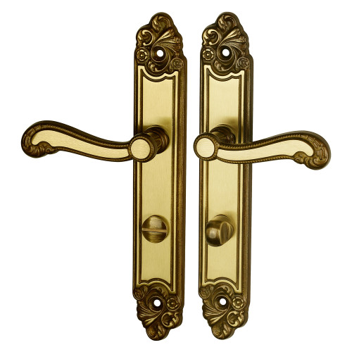 2 poignées de porte LOUIS XV, Zamak doré patiné entraxe 195 mm - Bouton de condamnation pour salle de bain ou WC