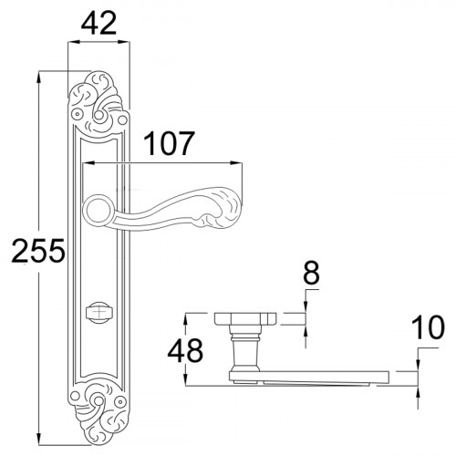 2 poignées de porte LOUIS XV, Zamak doré patiné entraxe 195 mm - Bouton de condamnation pour salle de bain ou WC