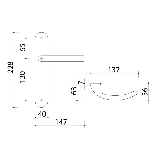 2 poignées de porte KYOTO, Aluminium F9 Inox entraxe 195 mm - sans trou pour séjour, salon ou cuisine - Schéma