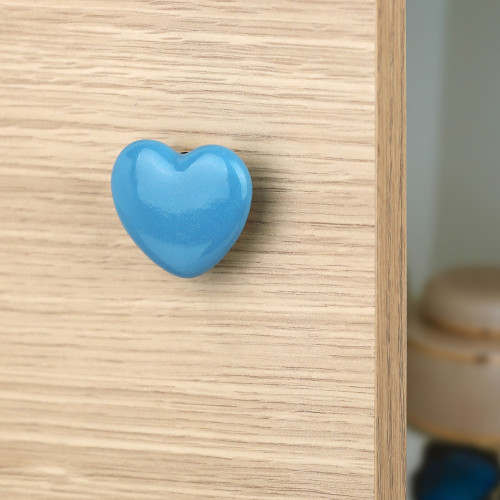 Bouton de meuble en porcelaine bleu motif coeur