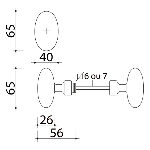 2 boutons de porte OLIVES, Laiton doré poli, Carré 6 et 7 mm