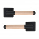 Poignée sur rosace carré noir mat avec béquille en bois brut fsc