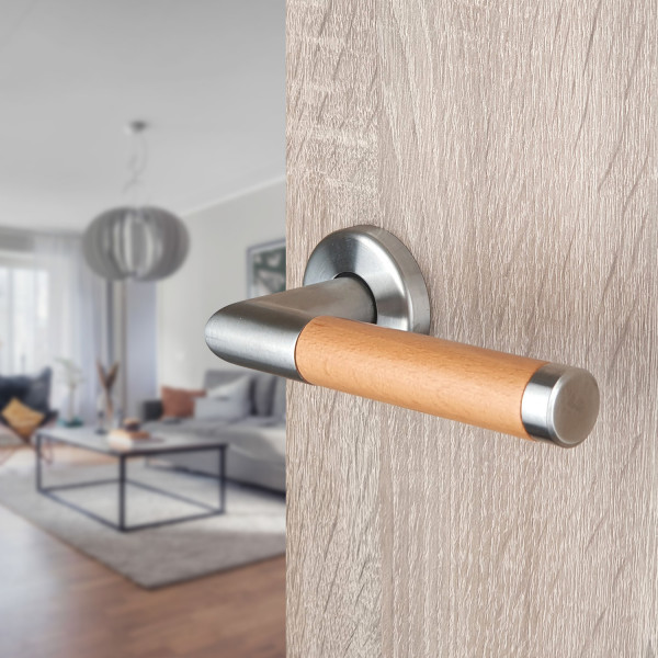 2 poignées de porte sur rosace ronde PRETTY, Inox béquille bois brut FSC
