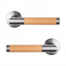 2 poignées de porte sur rosace ronde PRETTY, Inox satiné béquille bois brut FSC