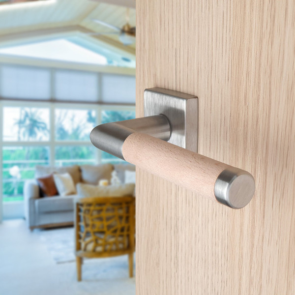 2 poignées de porte sur rosace carrée PRETTY, Inox mat béquille bois brut FSC