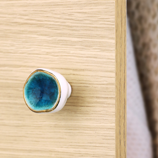 Bouton de meuble POISON en porcelaine bleu diamètre 42 mm