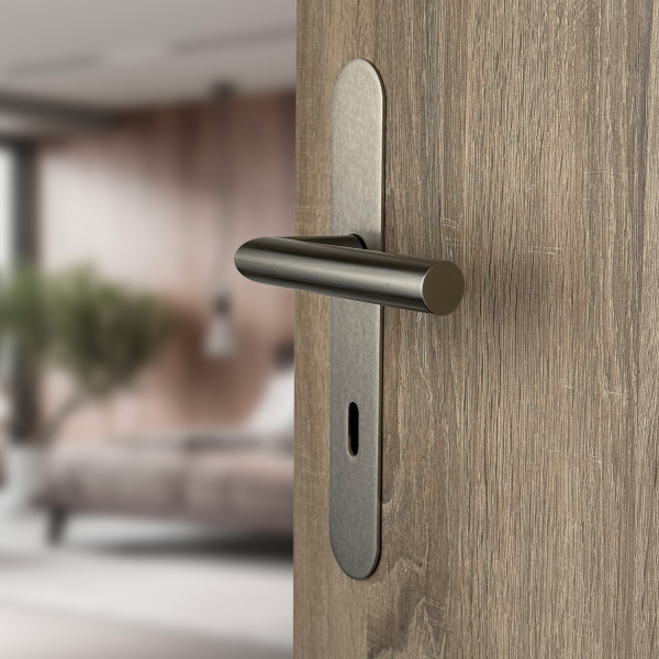2 poignées de porte ALBA, Inox nickel mat entraxe 195 mm - Entrée de clé pour porte de chambre à coucher - Vue 3/4