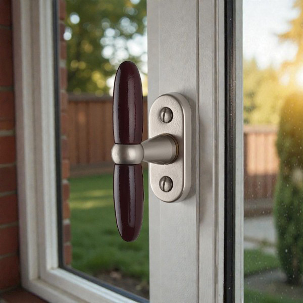 Poignée de fenêtre crémone JANICE, Aluminium nickel mat et bois foncé