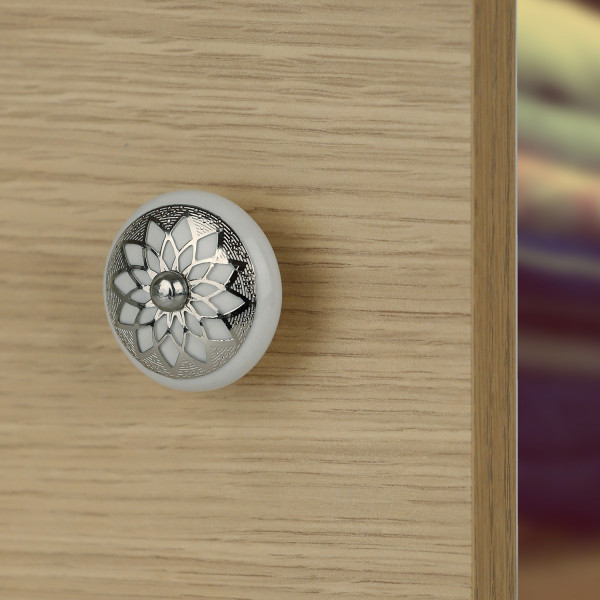 Bouton de meuble en porcelaine blanc argent SEQUIN