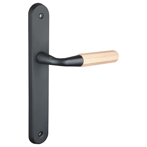 Poignée de porte OCTO plaque acier bois brut bec de canne