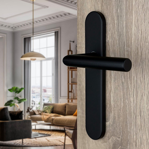 2 poignées universelles Dualfit sur plaque ronde EDISON, Acier noir mat bi-entraxe 165-195