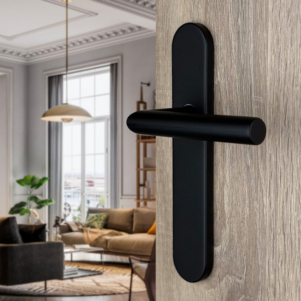 2 poignées universelles Dualfit sur plaque ronde EDISON, Acier noir mat bi-entraxe 165-195