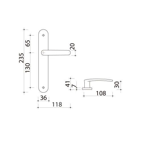 2 poignées de porte VINTAGE, Laiton poli satiné entraxe 195 mm - Sans trou - Schéma