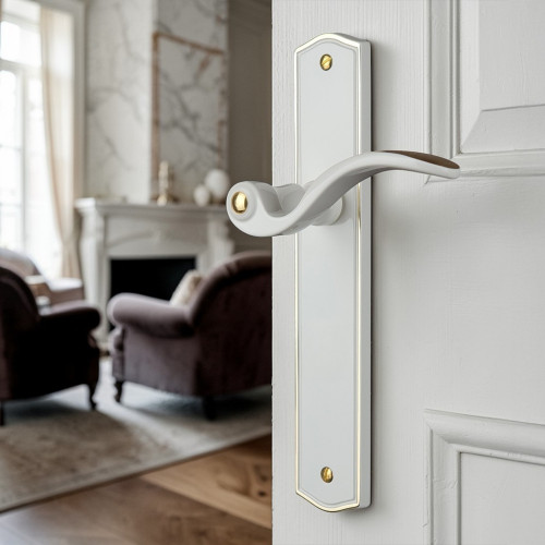 2 poignées de porte EVITA, Classique Chic, Laiton blanc liseré doré entraxe 195 mm