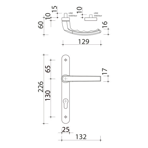 2 poignées de porte d'entrée trou cylindre BALTIC, plaque étroite, Aluminium entraxe 195 mm - Schéma