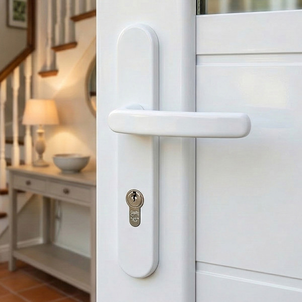 2 poignées de porte d'entrée BALTIC, Aluminium blanc mat entraxe 195 mm - Mise en situation plan rapproché