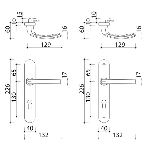 2 poignées de porte d'entrée BALTIC, Aluminium blanc mat entraxe 195 mm - Schéma