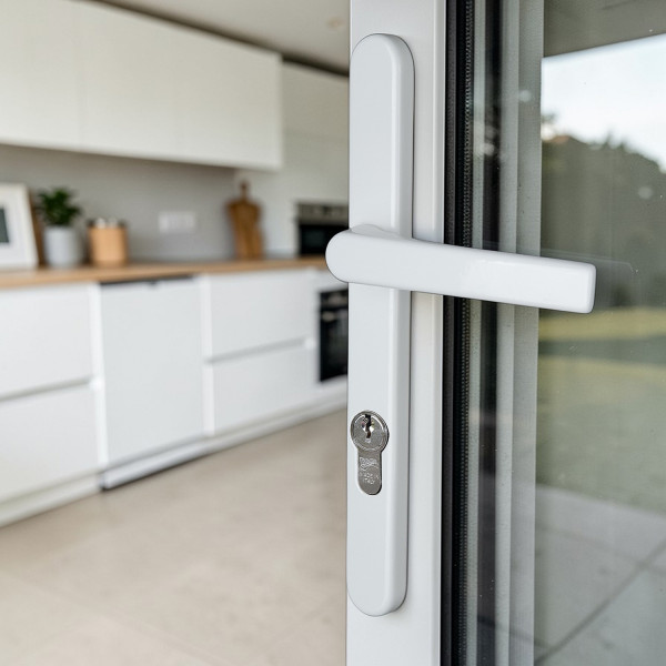 2 poignées de porte à cylindre BALTIC, Saillie réduite côté extérieur, Aluminium entraxe 195 mm