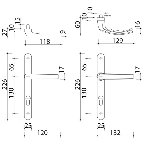 2 poignées de porte à cylindre BALTIC, Saillie réduite côté extérieur, Aluminium entraxe 195 mm - Schéma