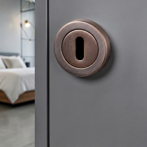 2 rosaces de fonction entrée de clé ISOLA en zamak aspect cuivre - entrée de clé pour chambre - Mise en situation