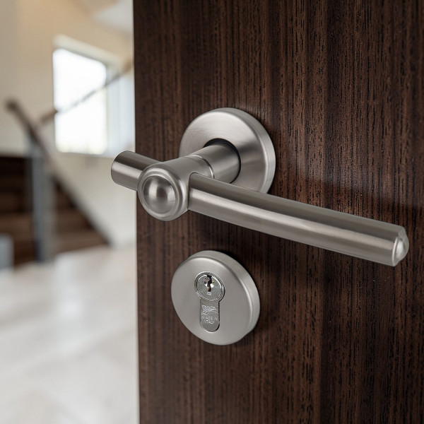 2 poignées de porte GLOBO, Rosace ronde, Industriel et atelier, Inox 304 mat