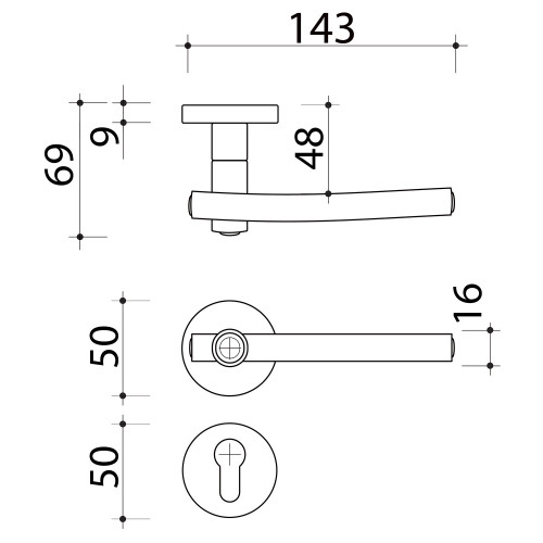 2 poignées de porte GLOBO, Rosace ronde, Industriel et atelier, Inox 304 mat
