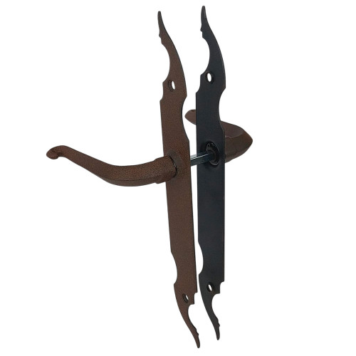 2 poignées de porte CELTIQUE, Plaque fine minimaliste, Acier aspect fer forgé rouille entraxe 195 mm