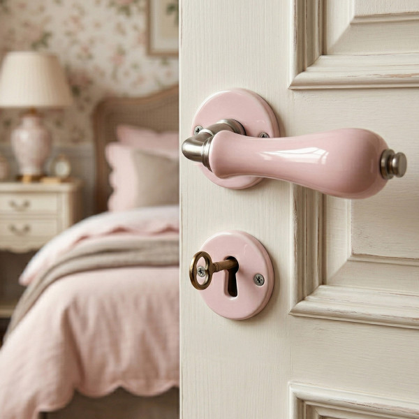 2 poignées sur rosaces rondes LIZON, porcelaine rose - Design Chic - Mise en situation porte de chambre
