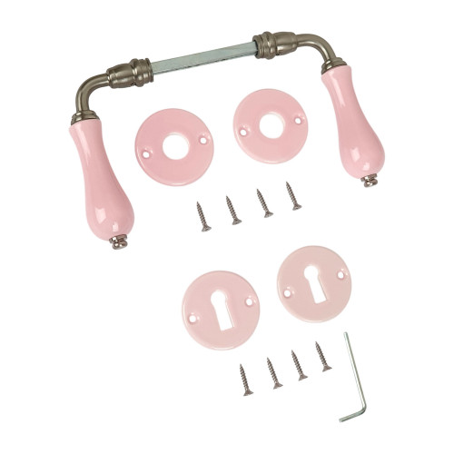 2 poignées de porte LIZON, Rosace ronde, Design Chic, Porcelaine rose - Vue éclatée