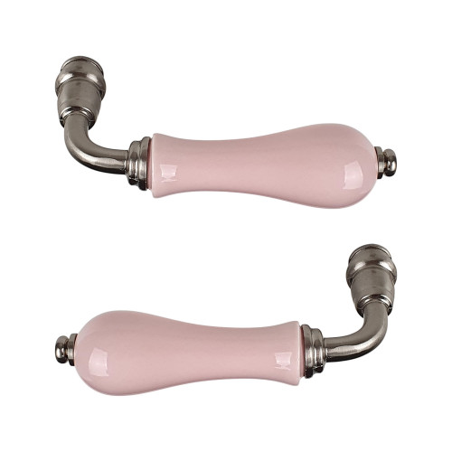 2 poignées de porte LIZON, Rosace ronde, Design Chic, Porcelaine rose - Vue paire béquilles