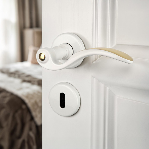 2 poignées de porte EVITA, Rosace ronde, Classique Chic, Laiton blanc liseré doré - Mise en situation