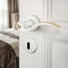 2 poignées de porte EVITA, Rosace ronde, Classique Chic, Laiton blanc liseré doré - Mise en situation