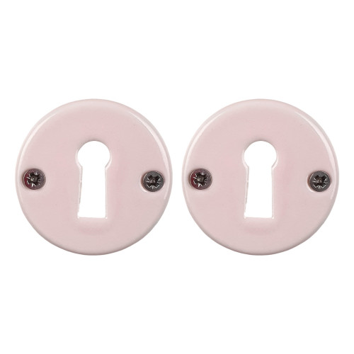 2 poignées sur rosaces rondes LIZON, porcelaine rose - Design Chic - Paire de rosace entrée de clé pour porte de chambre
