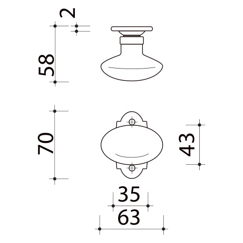 Poignée de fenêtre crémone OIES, Porcelaine de Limoges et Laiton doré - Schéma