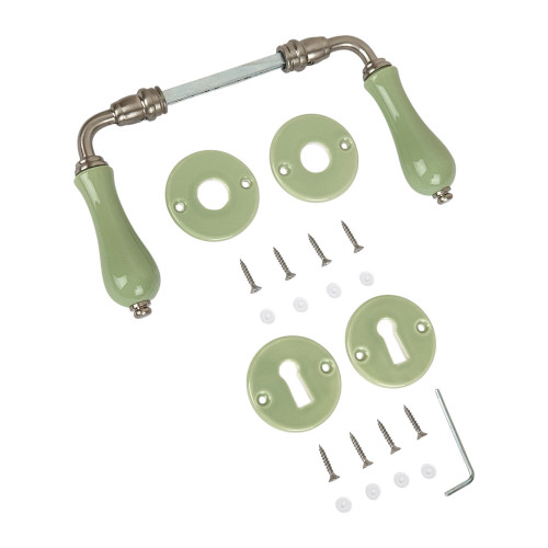 2 poignées de porte LIZON, Rosace ronde, Design Chic, Porcelaine verte - Avec paire rosaces Clé chambre