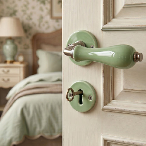 2 poignées de porte LIZON, Rosace ronde, Design Chic, Porcelaine verte - Avec paire rosaces Clé chambre - Mise en situation