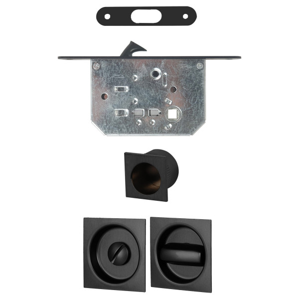 2 poignées de porte coulissante encastrables carrées BASIC avec douille pour condamnation et serrure, Zamak noir mat