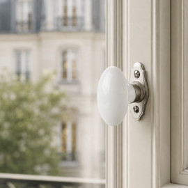 Poignée de fenêtre crémone OIES, Porcelaine de Limoges et Nickel mat