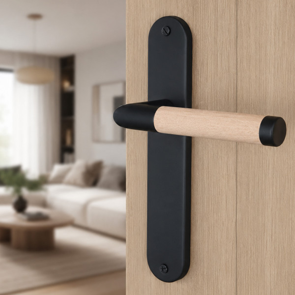 Poignée de porte PRETY plaque acier bois brut bec de canne