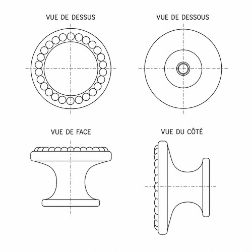 Schéma technique de bouton de meuble CERUSE, Zamak blanc argenté | Cottage