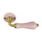 2 poignées de porte LIZON, Rosace ronde, Design Chic, Porcelaine rose, Coude laiton poli doré