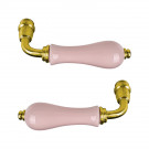 2 poignées de porte LIZON, Rosace ronde, Design Chic, Porcelaine rose, Coude laiton poli doré