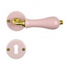 2 poignées de porte LIZON, Rosace ronde, Design Chic, Porcelaine rose, Coude laiton poli doré - Entrée de clé pour chambre